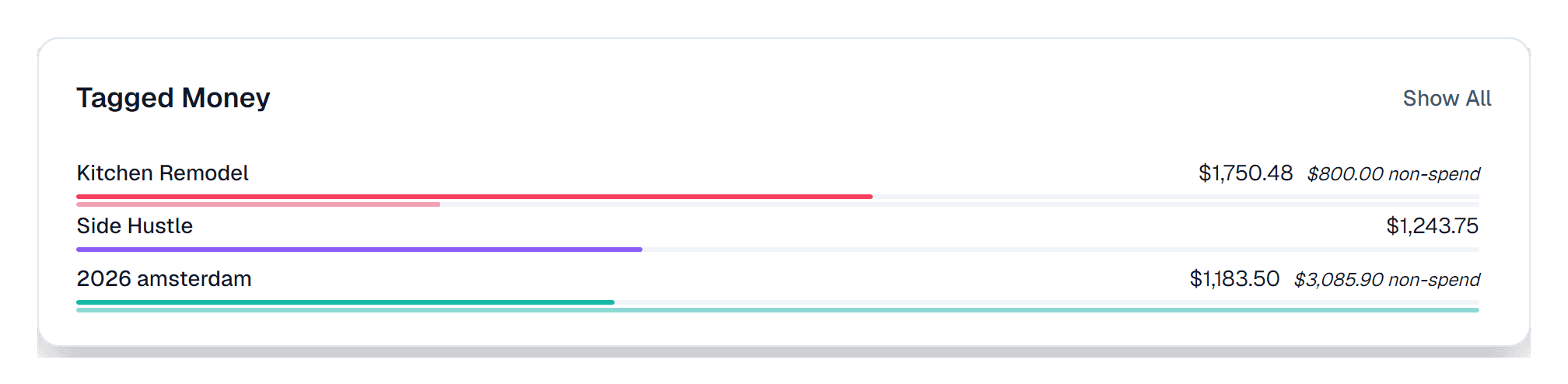 The Tagged Money section on the Spend page showing three colored tags: Kitchen Remodel in red with $1,750.48 of spending and an $800.00 non-spend bar, Side Hustle in purple with $1,243.75, and 2026 amsterdam in teal with $1,183.50 of spending and a long muted bar for $3,085.90 of non-spend money.