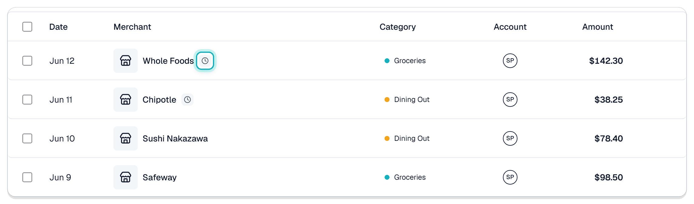 The transaction list, with a small clock next to Whole Foods and Chipotle marking two charges the bank has not finished posting.
