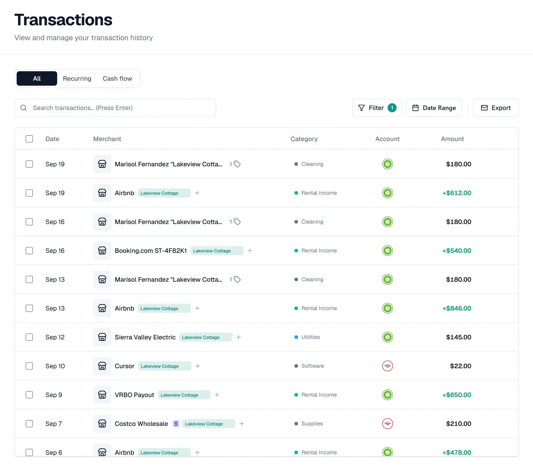The Synx transactions page filtered to one tag, Lakeview Cottage. The list mixes Airbnb payouts of $612.00, $846.00 and $478.00, a Booking.com payout of $540.00 and a VRBO payout of $650.00, all as Rental Income, with $180.00 cleaner payments filed as Cleaning, a $145.00 electric bill, a $22.00 Cursor charge and a $210.00 Costco run, spread across a checking account and a credit card.