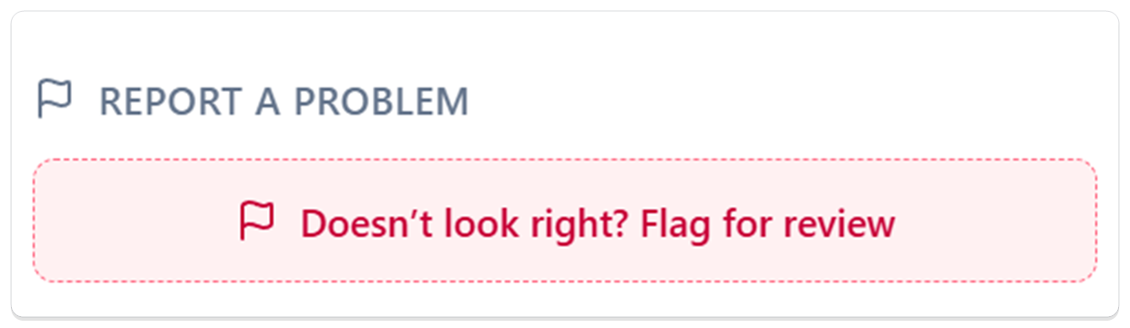 The "Report a problem" section of a transaction, showing a dashed rose-colored button that reads "Doesn't look right? Flag for review."