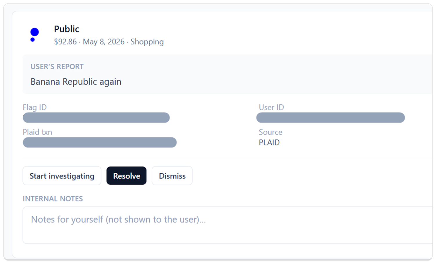 Our team's view of a flagged transaction: the store name and amount up top, the customer's report "Banana Republic again" highlighted below, and buttons to start investigating, resolve, or dismiss it. Internal reference numbers are hidden.