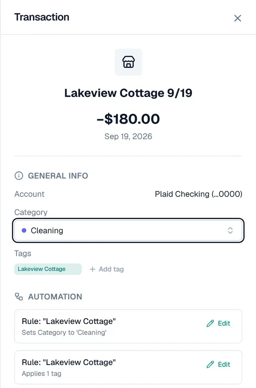 A $180.00 cleaner payment named Lakeview Cottage 9/19, dated Sep 19, 2026, from a checking account. Category is Cleaning and the tag is Lakeview Cottage. Under Automation, two rules on "Lakeview Cottage" have applied: one sets the category to Cleaning, the other applies one tag.