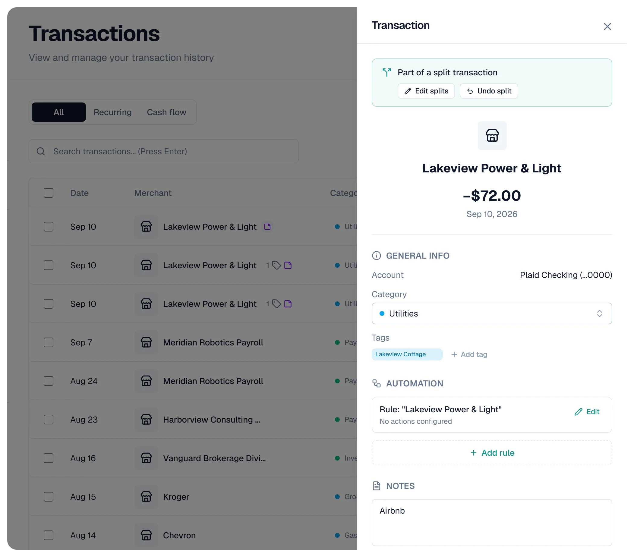 A $240.00 Lakeview Power & Light bill from Sep 10, split into three rows: $120.00 for Home, $72.00 for the Airbnb and $48.00 for the long-term rental. The $72.00 part is open in its detail panel, filed as Utilities with the note Airbnb and the tag Lakeview Cottage.