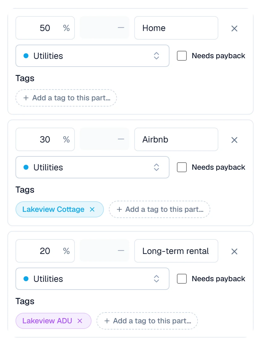 A split rule for Lakeview Power & Light with three parts, all filed as Utilities: 50% labeled Home with no tag, 30% labeled Airbnb and tagged Lakeview Cottage, and 20% labeled Long-term rental and tagged Lakeview ADU.