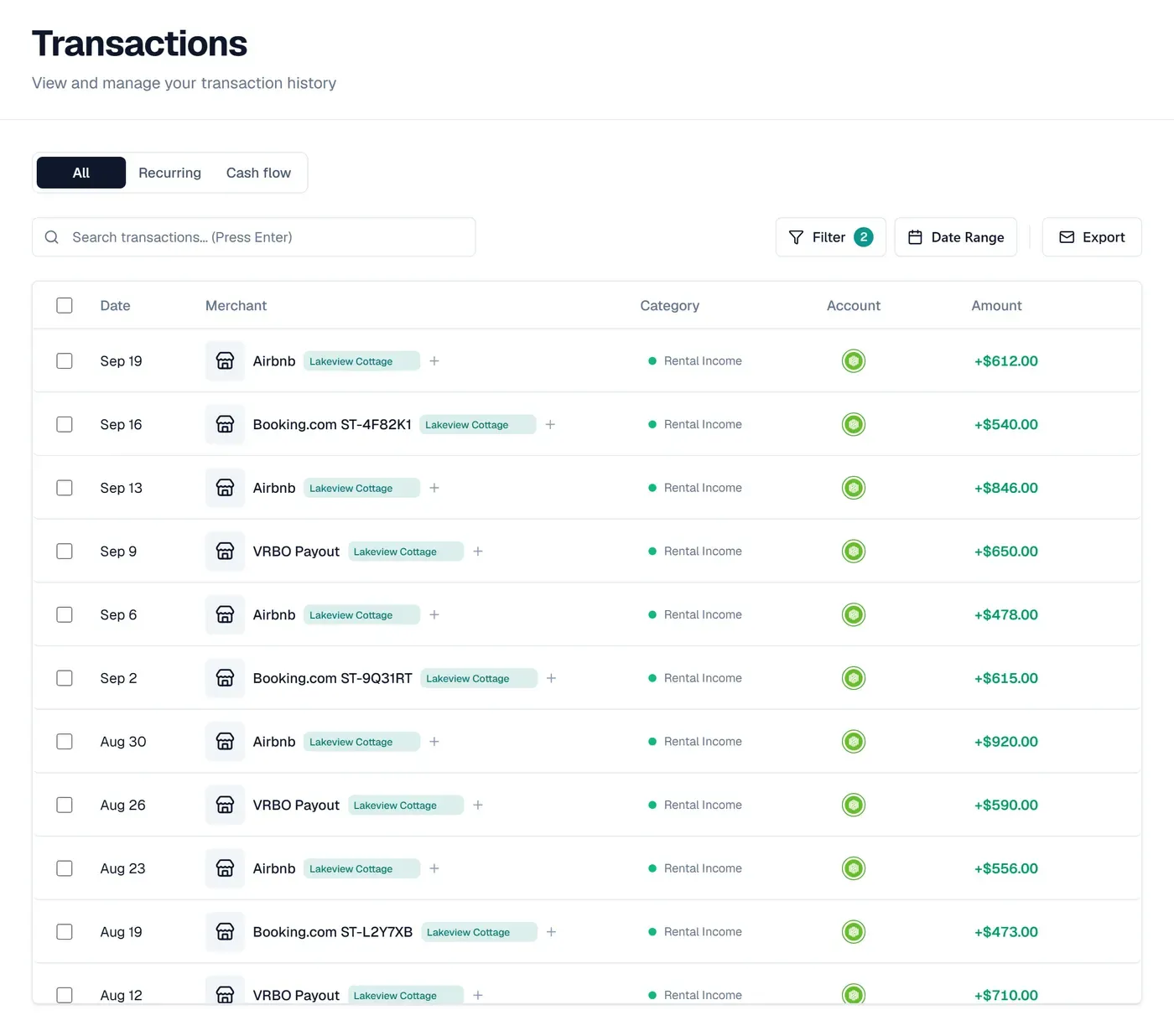The transactions list filtered to Lakeview Cottage income. Airbnb payouts of $612.00, $846.00, $478.00, $920.00 and $556.00, Booking.com payouts of $540.00, $615.00 and $473.00 each with its own ST reservation code, and VRBO payouts of $650.00, $590.00 and $710.00, all tagged Lakeview Cottage and filed as Rental Income.