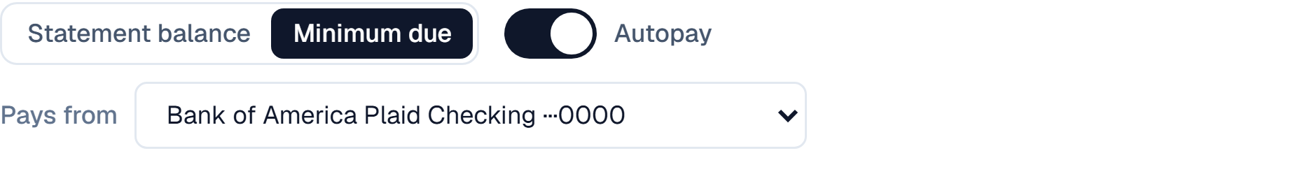 The How you pay section of a credit card in Synx: a Statement balance and Minimum due choice with Minimum due selected, an Autopay switch turned on, and a Pays from picker naming the checking account autopay draws from.