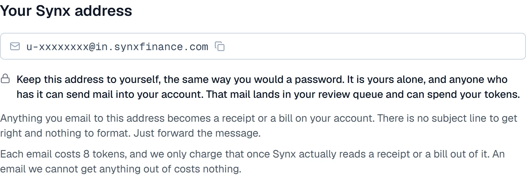 The Your Synx address card on Settings then Inbox, showing the private forwarding address with a copy button beside it.